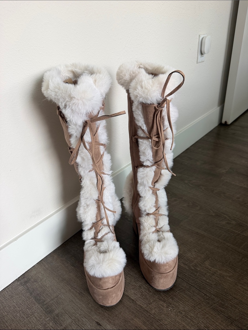 Faux Fur Trim Knee-High Platform Boots - Taupe